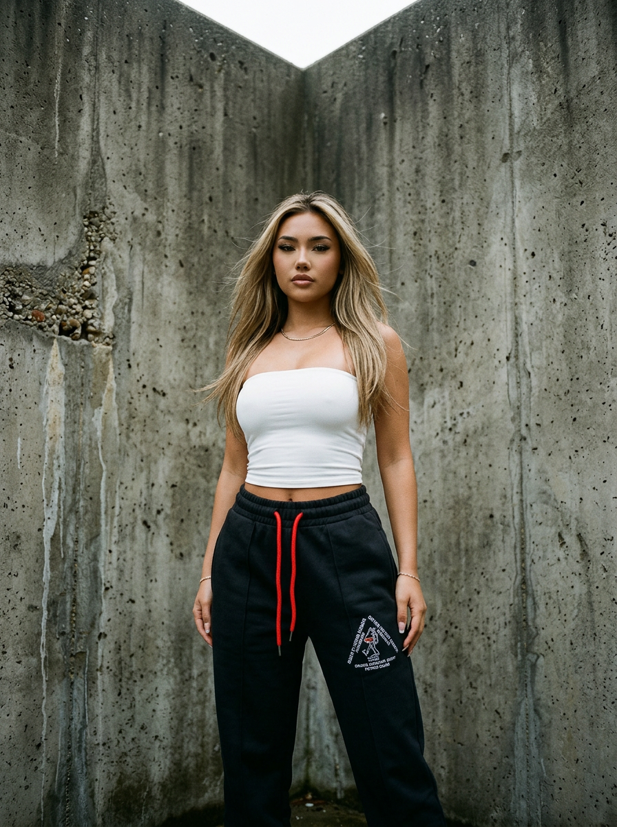 Model wearing PETRO black pressed pants with signature red drawcord